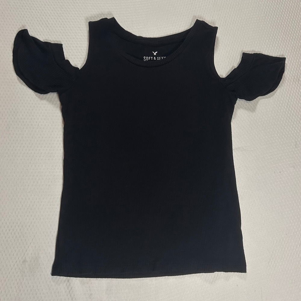 American Eagle Soft & Sexy Rib Cold Shoulder Top Black Short Sleeve Small